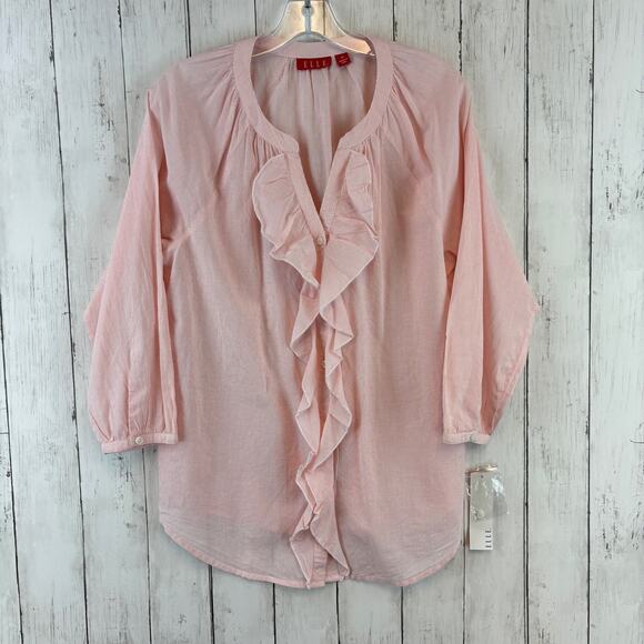 NWT Elle Red Ruffle Front Long Sleeve Button Down Shirt Size Medium - Picture 1 of 13